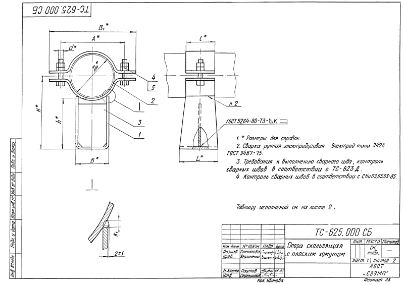 Техническая документация опор скользящих хомутовых приварных ТС-625